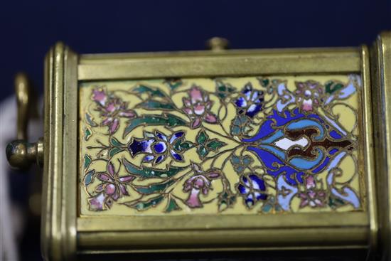 A French miniature brass and champleve enamel carriage timepiece, c.1900, 3in.